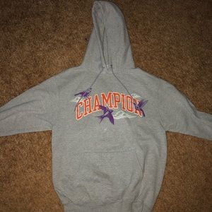 grey champion hoodie with purple and orange detail